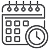 Outlined icon of a calendar with a clock in front, symbolizing scheduling, planning, or setting an appointment or meeting time—perfect for when you want to visit the club.