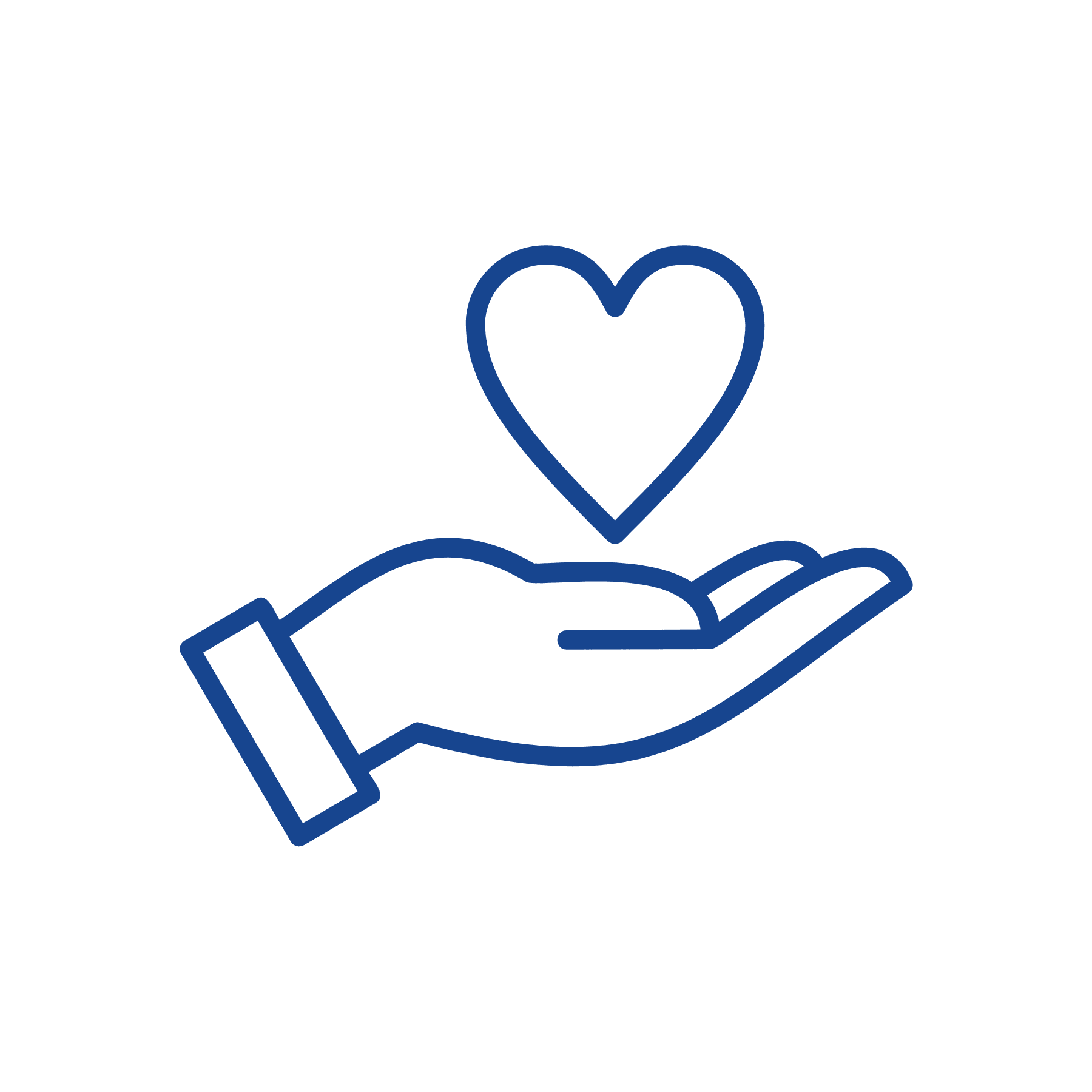 A simple blue outline of an open hand holding a heart shape above it, symbolizing care, love, giving, or support—perfect for representing member information—on a white background.