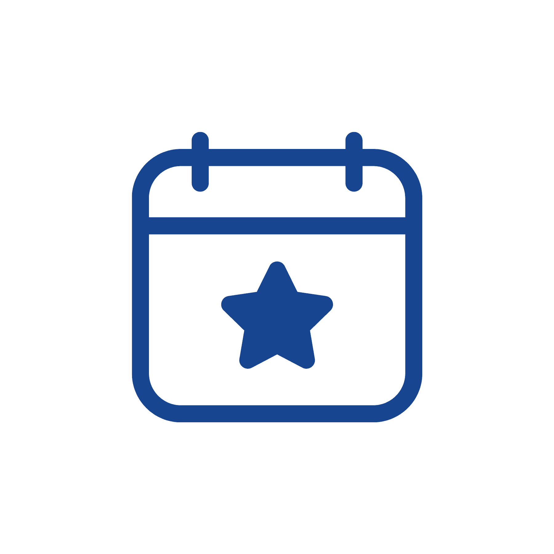 Blue calendar icon with a star in the center, symbolizing a special event or important date—perfect for highlighting member information—on a white background.