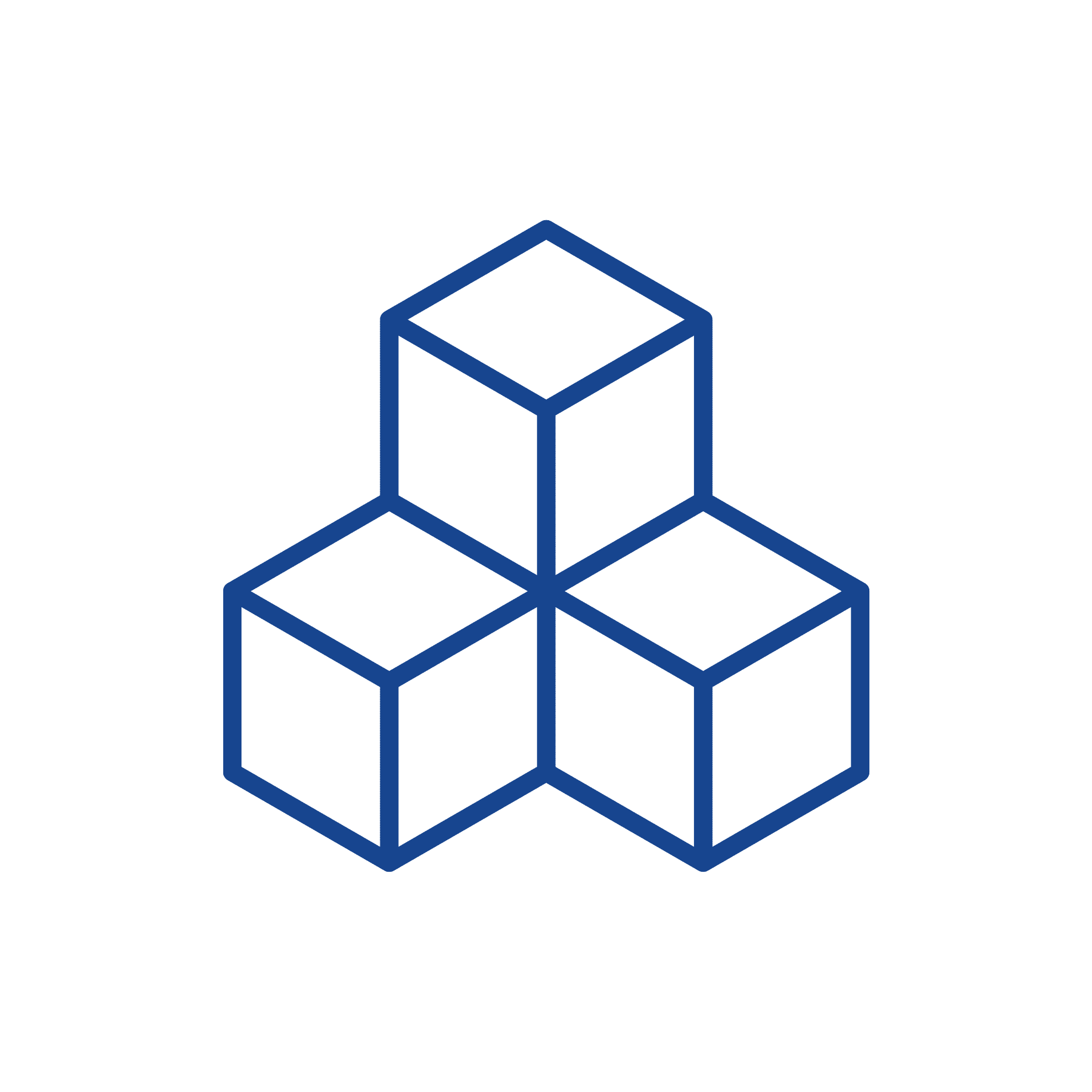 Three blue outlined cubes are connected in a triangular arrangement, with two cubes at the bottom and one cube stacked on top, all on a white background—symbolizing the interconnected structure often used to organize member information.