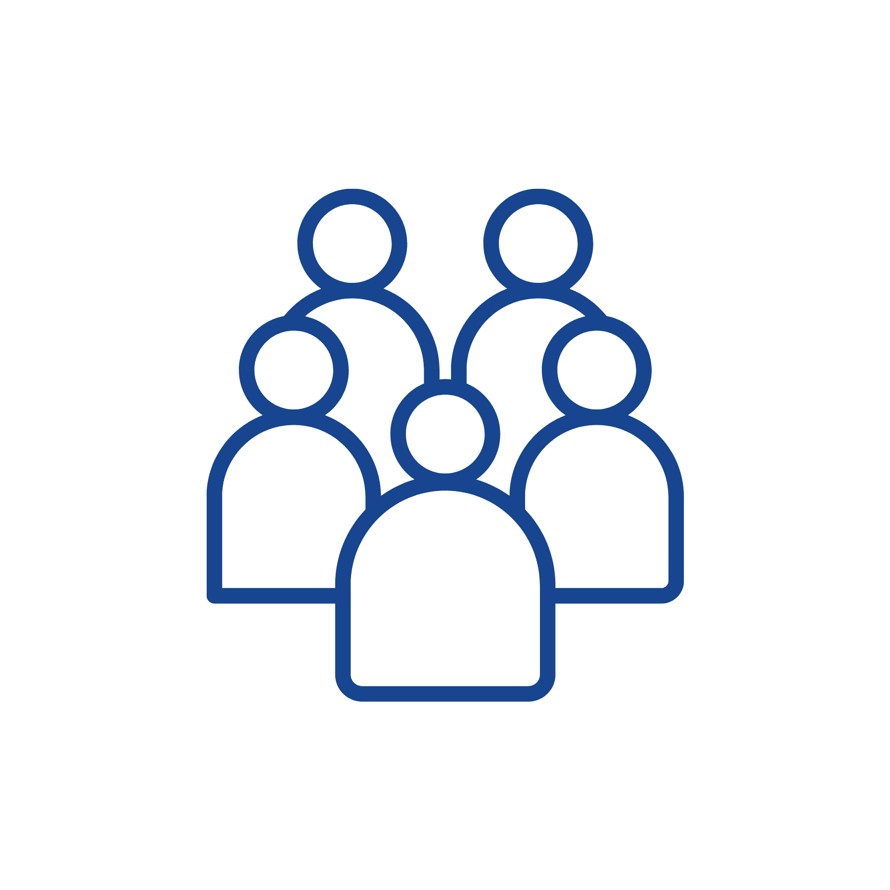 Simple blue line drawing of five abstract people grouped together on a white background, representing a community or team and the sharing of member information.