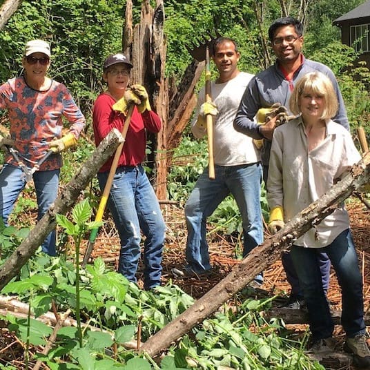 Five people outdoors, wearing gloves and holding tools, stand among branches and greenery, smiling and working together in a sunny, wooded area as part of a Bellevue Breakfast Rotary Club community service project.