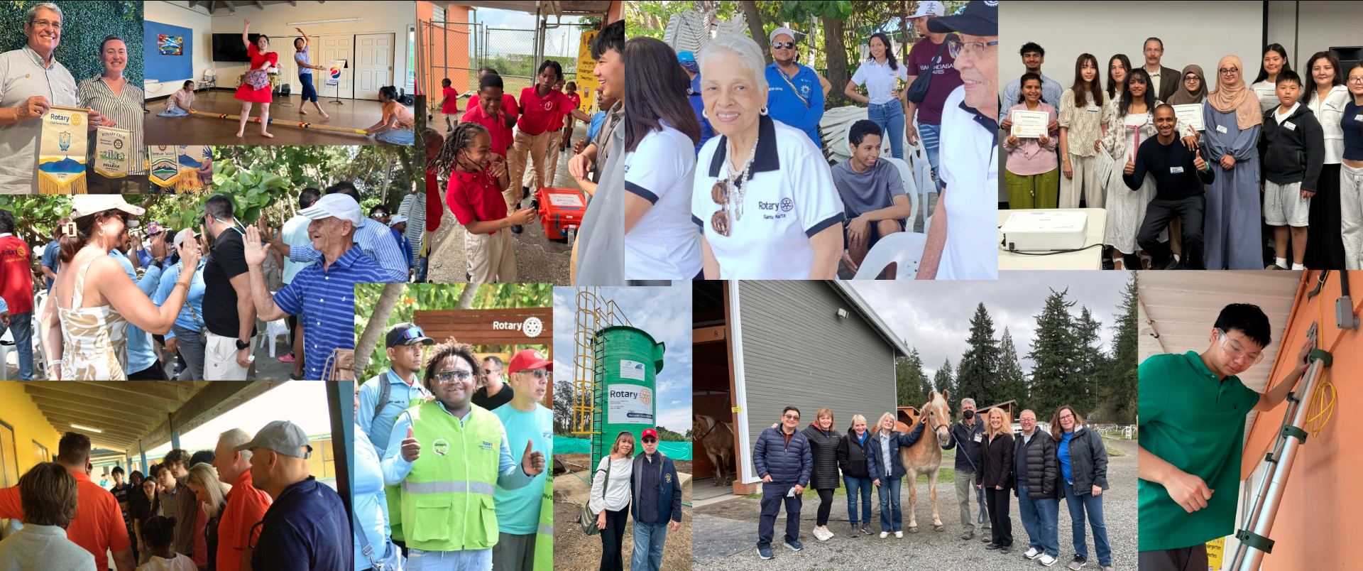 Collage of diverse people, including members of the Bellevue Breakfast Rotary Club, engaging in community service, outdoor activities, celebrations, and group photos—featuring award presentations, dancing, gardening, and construction work—all wearing casual or volunteer attire.